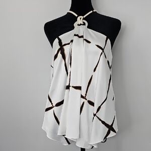 WHBM Ring Detail Swing Halter Top‎ Ink Grid Ecru Y2K Sz:L